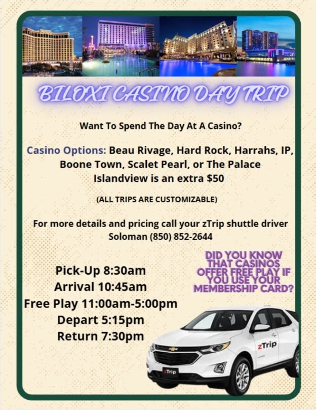 Express Casino Shuttle — Biloxi Casino Day Trip flyer with casino options and day schedule