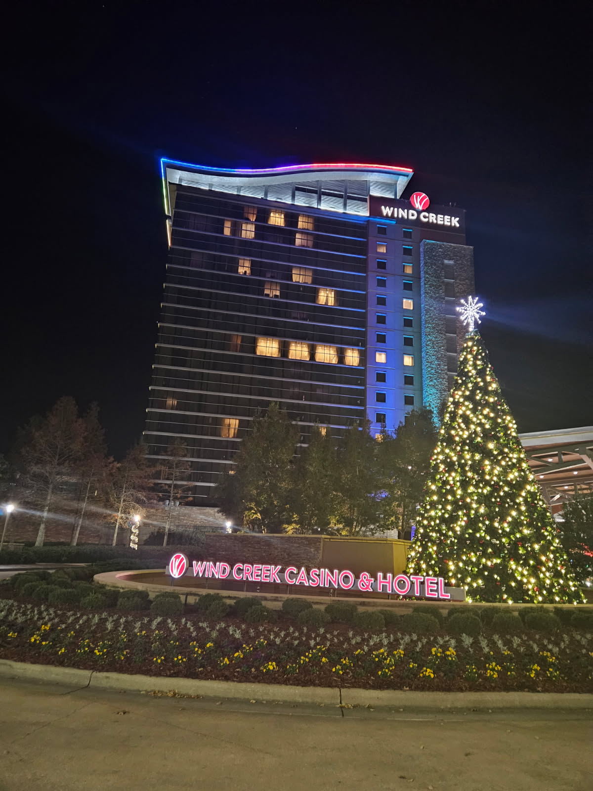Wind Creek Casino & Hotel lit up at night in Atmore, Alabama