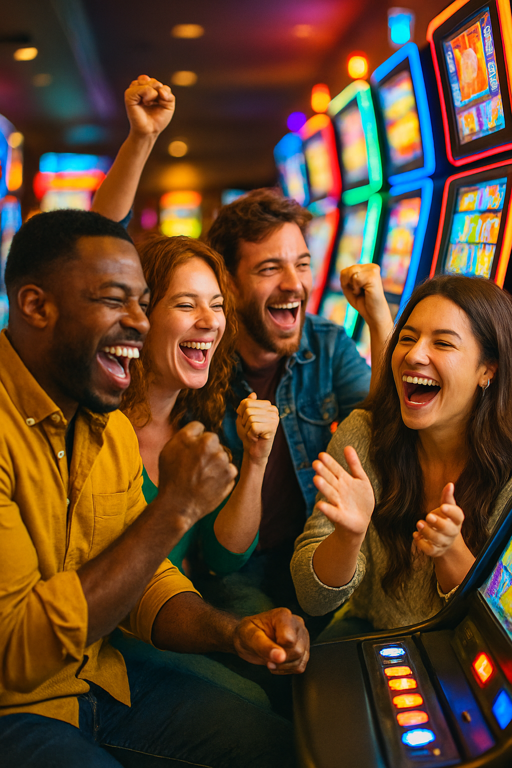 Friends celebrating together at the slot machines