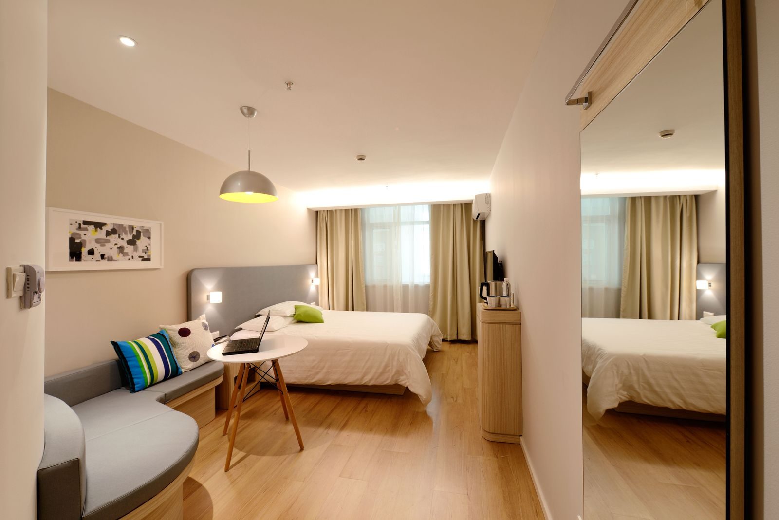 A luxurious hotel suite at night